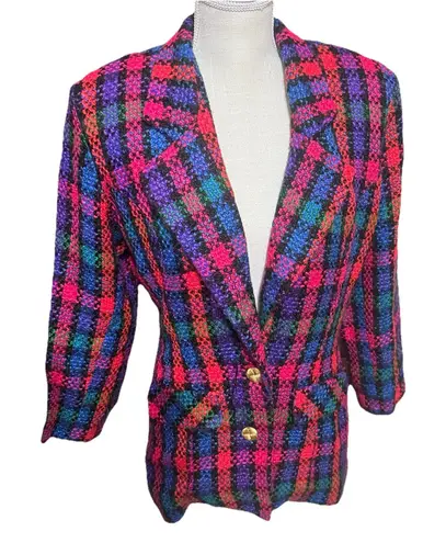Kristine Tewell K Kristopf Wool Blazer Jacket Colorful Check Career VTG 80s 10/M Blue