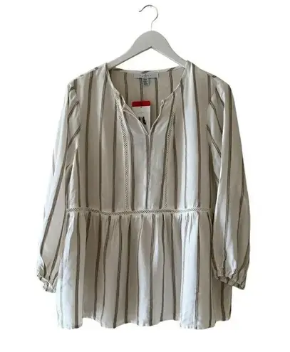 NWT Fever 3/4 Sleeve Blouse, Tan/Ivory Stripes Lace Bohemian Gypsy Sz M #1842 White Size M