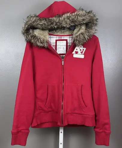 Vintage Y2K Aeropostale Faux Fur Zip Hoodie Juniors Size XL Red Jacket A87 Lined