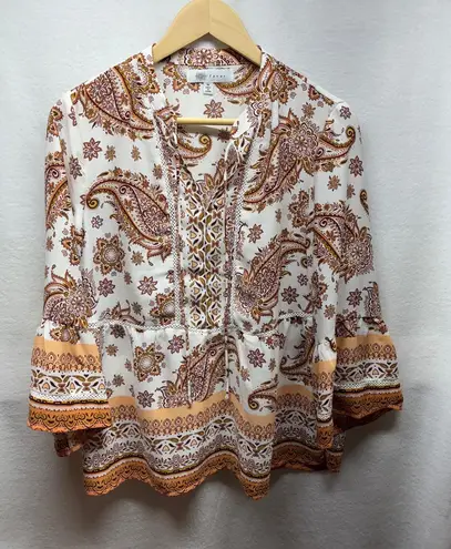 Fever Paisley Print Blouse Top Womens Medium 3/4 Sleeve Tie Neck Boho Chic White