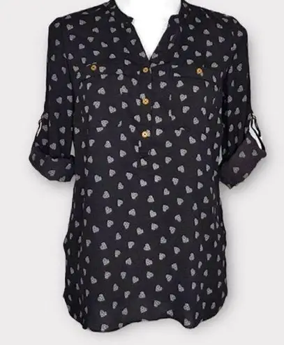 Jaclyn Smith Heart Print Roll Sleeve Blouse (Black) - Medium