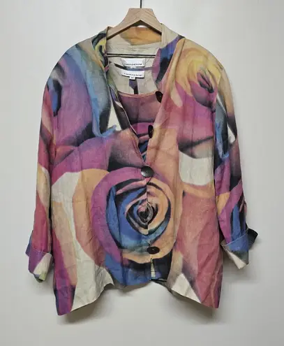 Carol Rose Caroline Rose Linen Lined Jacket Blazer Pockets w/ Tank Art Colorful Sz 3X USA