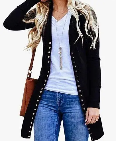 Women's Long Sleeve Ribbed Open Front Snap Button Down Knit Cardigans Black Size L - Image 1