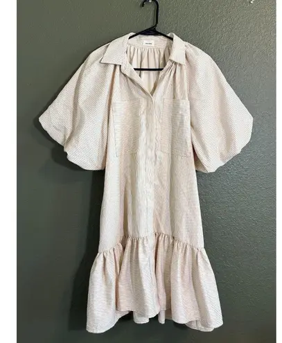 Aureum the Label Puff Sleeve Collared Mini Dress Neutral Beige Ruffle Small Tan