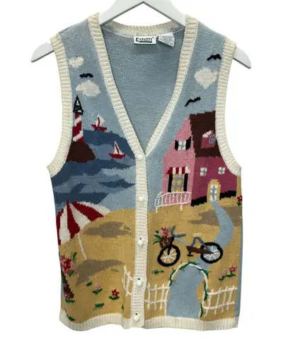 Vintage Women Capacity Knit Sweater Vest Size S Cottage Beach Lake Sailboat Bike Blue