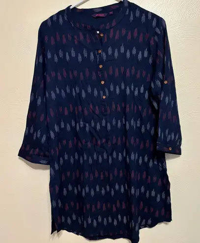 Srishti Ikat Tunic Top XXL | Boho Ethnic Print Navy Red 3/4 Sleeve Kurta Blue