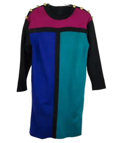 KAYO 1980s Vintage Pink & Blue Color Block Long Sleeve Dress Retro Large Size 10