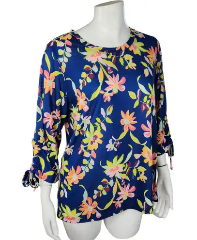 Caribbean Joe Women's Large Blue Floral Blouse 3/4 Sleeves Tie Detail NWT Cruise