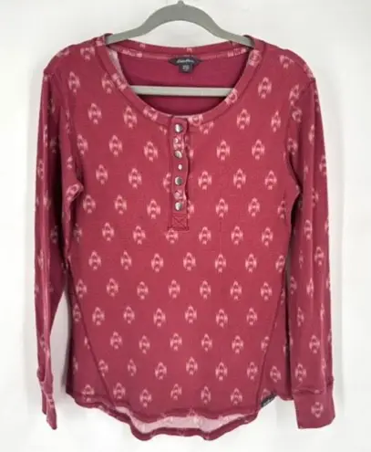 Eddie Bauer  Women's Printed Waffle Knit Long Sleeve‎ Henley Top Red Large Ikat