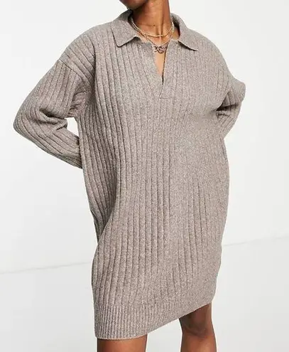 Weekday Husky V Neck Chunky Ribbed Knit Sweater Dress in Oat Brown