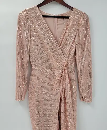 Sublime Sequined Gown S Pink Faux Wrap Long Puff Sleeve Tigh Slit Party Wedding