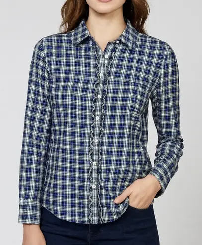 LL Bean Blue Plaid Ruffle Front Long Sleeve Button Up Shirt Size MEDIUM