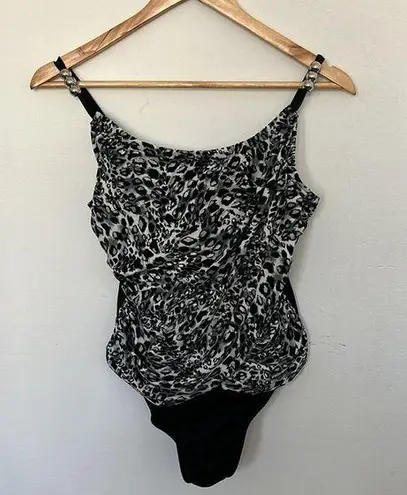 Magic suit by miracle suit Black and silver leopard gathered high neck swimsuit Size M
