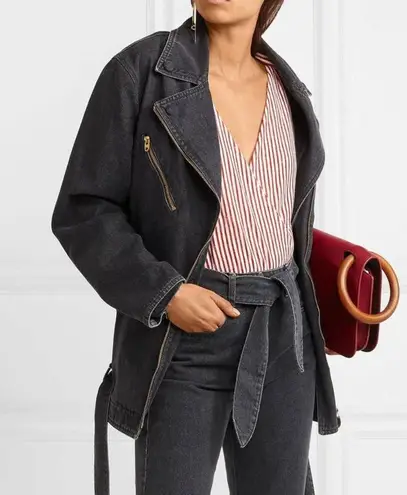 Nanushka Charcoal Black Cite Oversized Denim Belted Moto Biker Jacket Size XS