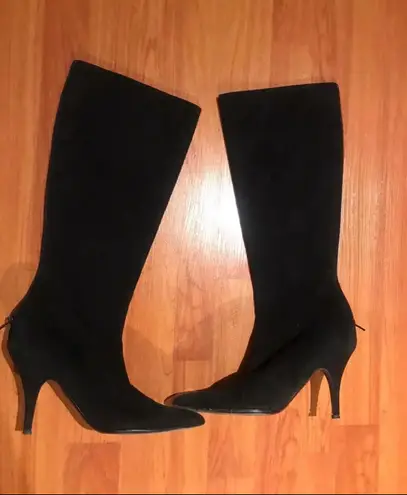 Oscar de la Renta Floral Print Suede Knee High Boots