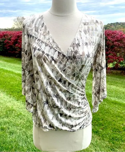 MSK V Neck Foil Knit Faux Wrap top size small Gray
