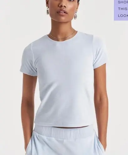 Cale Nina Light Blue Velour Velvet Crew Neck Short Sleeve Crop Tee T