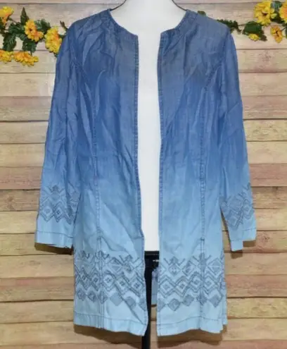 Chico's 1 Blue Ombre Open Front Chambray Shacket Jacket Size M 8 Pockets