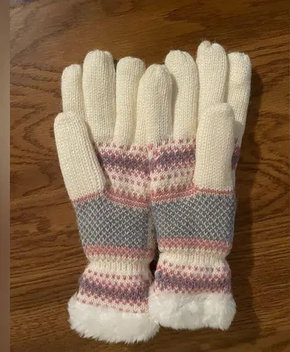 Women White Knitted Gloves With Pink and Blue Isle Pattern