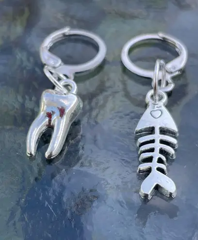 Handmade Silver Y2k Tooth Fishbone Hoop Earrings , Punk Goth Boho Silver
