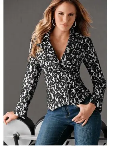 Boston Proper Black White Lace Asymmetrical Zipper Sleeve Moto Jacket Size 8