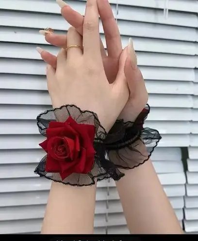 Elegant Black and Red Rose Lace Bracelet