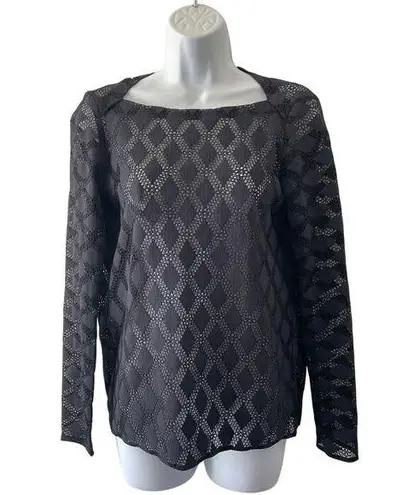 Maje Top Womens 1 Small Black Lamour Diamond Lace Boatneck Sheer Chic 3/4 Sleeve
