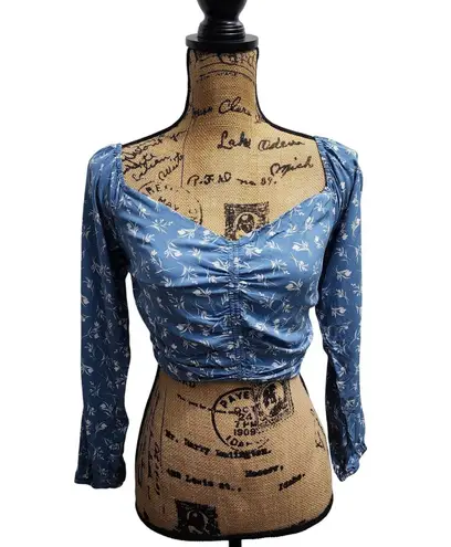 Stylestalker Style Rack Floral Crop Top Smocked Long Sleeve Sweetheart Blue Small