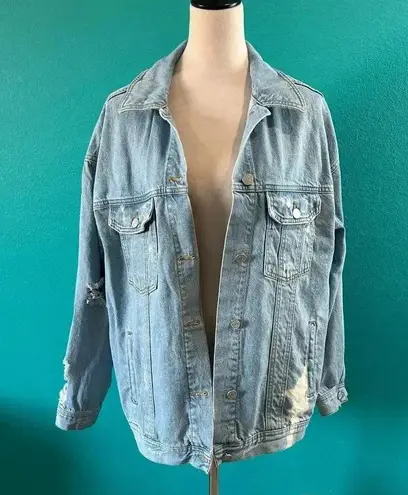 Missguided Barbie X Oversized Blue Acid Wash Denim Jacket Distressed Size 6