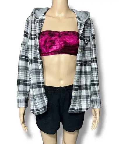 Time and Tru Womens Flannel Shirt Jacket Hooded Long Sleeve Gray Pink Medium