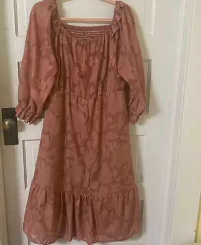 Brown Pleated Midi Dress with Bishop Sleeves Size 14