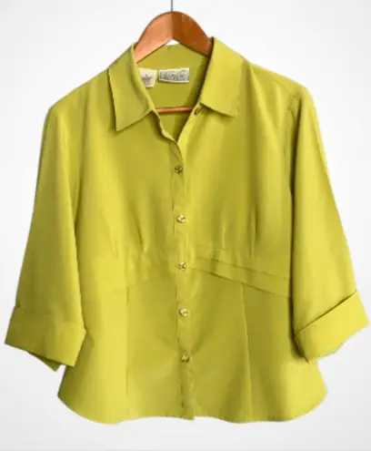 Kathy Che Stretch Vintage Chartreuse Green Button Front Blouse Size 14