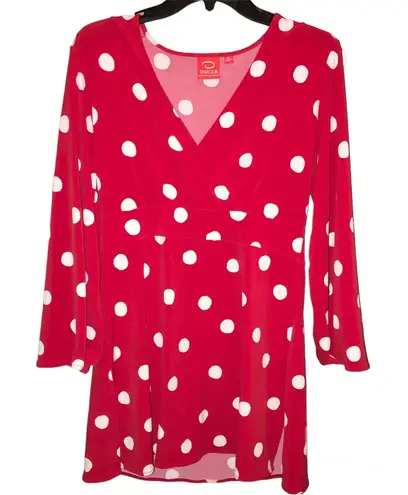 Oscar de la Renta Faux Wrap Polka Dot V Neck Tunic Red White Medium - Image 1
