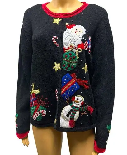 heirloom collectibles  Christmas Black Red Applique and Bead Cardigan Sweater L