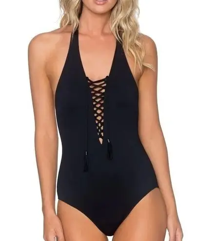 Swim Systems Onyx Black Lace Up Halter Tie Neck One Piece Swimsuit Size XS New