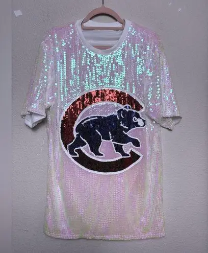 Chicago Cubs MLB Baseball White Sequined Logo Oversized T