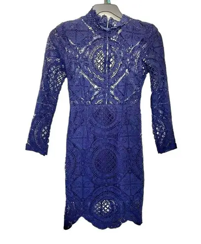 Hello Molly Dress Size 6 Blue Crochet Mini Sheath High Neck Long Sleeve Cocktail