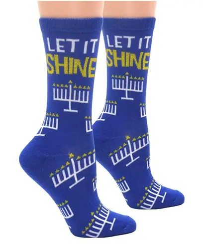 NWT Happy Hanukkah Menorah Novelty Crew Socks Shoe 4 10 Jewish Holiday Gift Blue