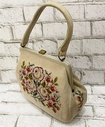 Vintage Beige Floral Needlepoint Clutch Handbag
