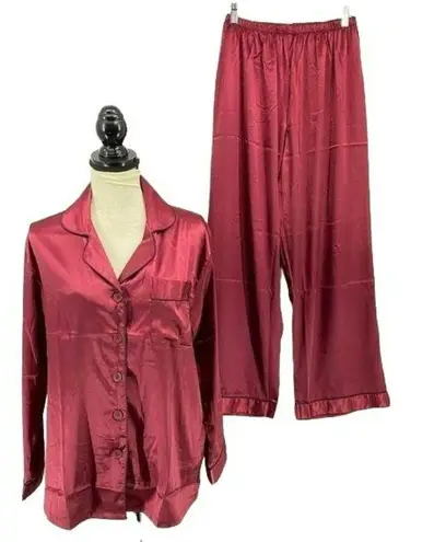 Alexander Del Rossa Burgundy Black Piping Satin Pajama Set Womens Large