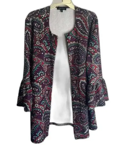 Slinky Brand Open Front Long Sleeve Ruffled Cuff Paisley Cardigan Size XL