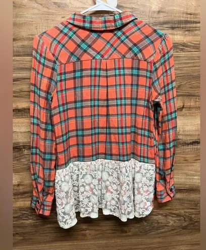 Matilda Jane  Noble Button Down Plaid Coral Lace Cottagecore Tunic Top small