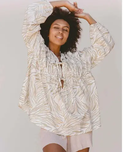 Lullaby Club Women's Penny Smock Blouse S/M Tie Front Print Linen Cotton Relaxed White Size M