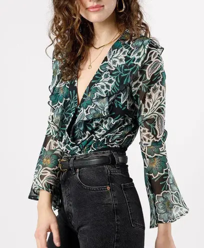 Band Of The Free New Floral Flare Long Sleeve Bodysuit Black Emerald Size Medium