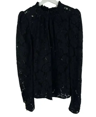 WAYF Size L Erika Black Puff Sleeve Lace Top Neck Bow Tie Sheer Sexy Long Sleeve