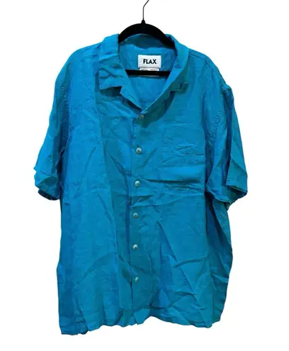 Flax Button Down Short Sleeve Tunic Shirt Blouse Size Medium Aqua Blue