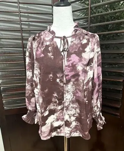 Cooper and Ella  Women's Ruffle Neck Long Sleeve Purple Abstract Blouse S NWT