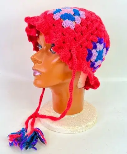 Handmade Granny Square  Hat Pink Blue Vintage 70s Tassel Crochet Cap Retro