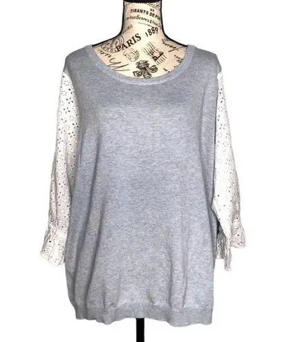 Skies Are Blue Floral Eyelet Ruffle 3/4 Sleeve Crewneck Pullover Knit Sweater 2X