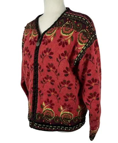 Icelandic Design Full Zip Jacket Wool 3D Knit Textured Floral Vintage Lined L Size L